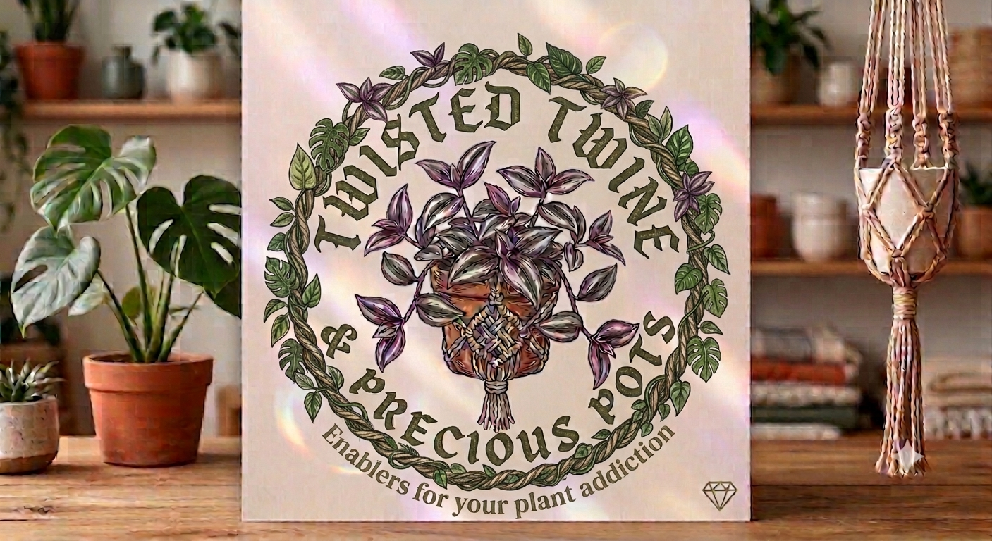 Sign with decorative lettering and a central illustration of a potted plant with purple and green leaves, surrounded by a circular rope border, reading 'I gifted twin & precious pots' and 'Enablers for your plant addiction.'