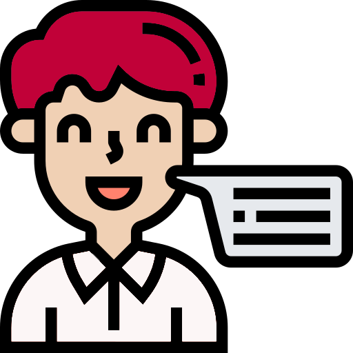 A cartoon illustration of a smiling person with red hair, wearing a white collared shirt, speaking with a speech bubble.