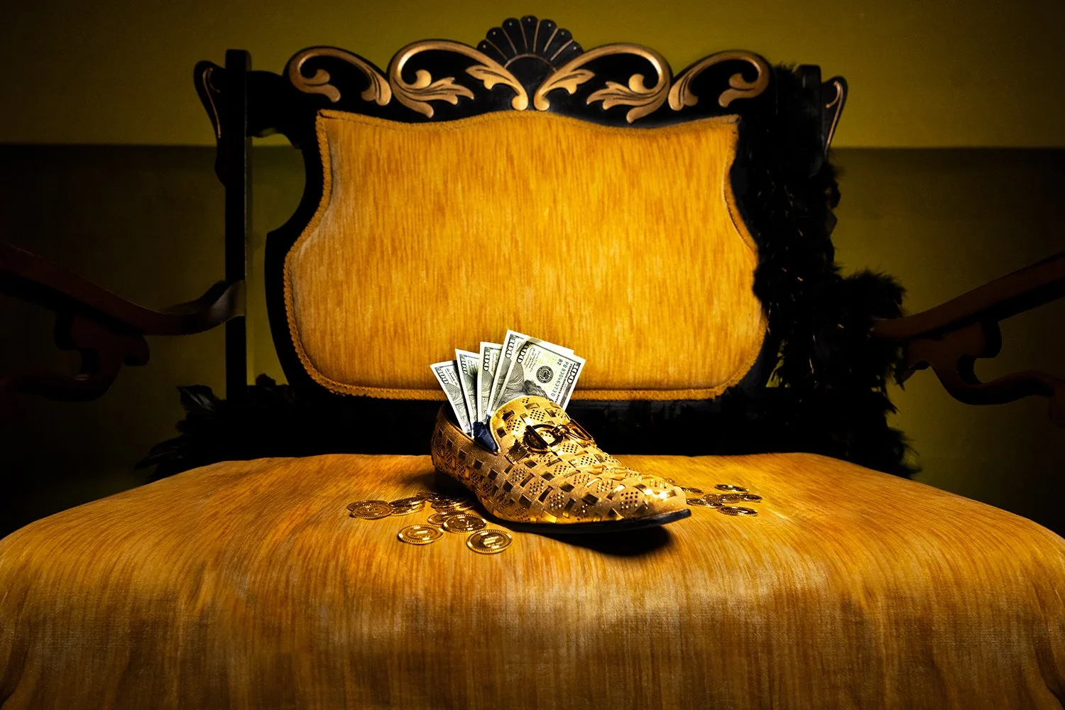 shoe stuffed with money sitting on a luxury couch for a tucson business branding photo shoot