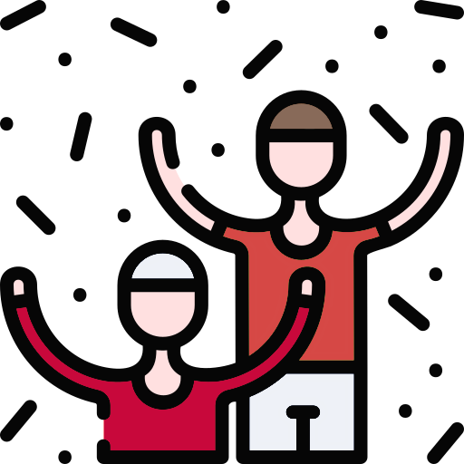 Two cartoon figures, a man and a woman, celebrating with their arms raised.