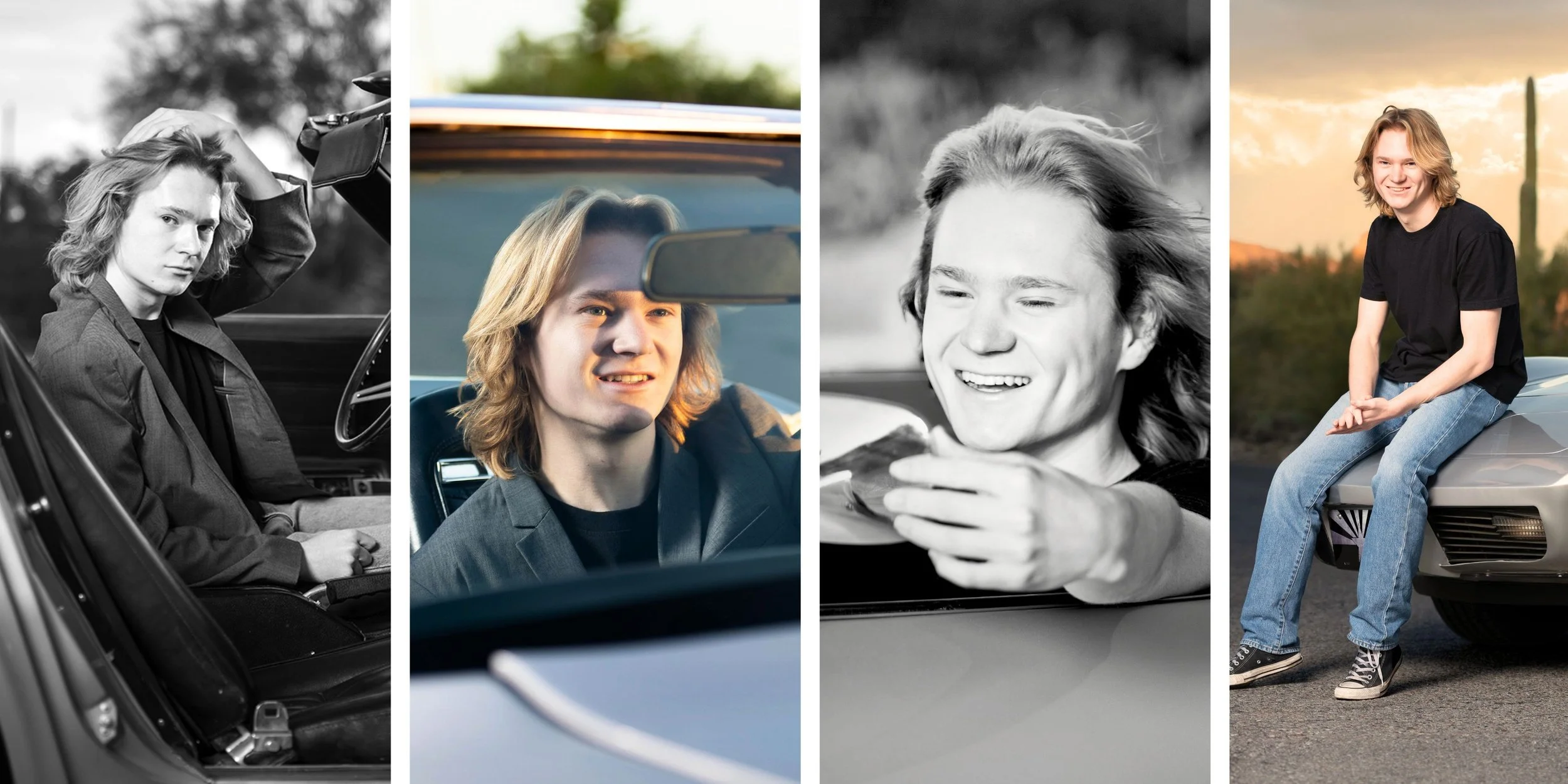 various photos of a tucson high school senior posing on and in a classic convertible during a photo shoot