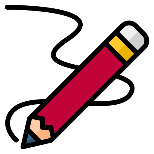 Cartoon illustration of a red pencil with a gray eraser and yellow band, pointing diagonally upward.