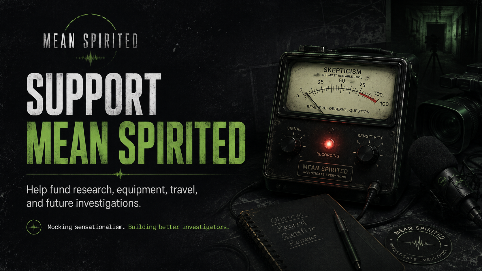 Mean Spirited promotional graphic featuring a vintage-style needle gauge and paranormal investigation imagery.