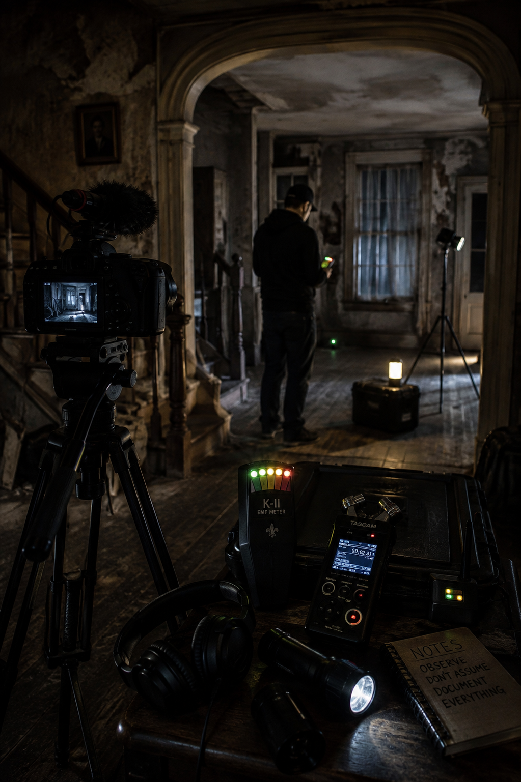 Paranormal investigation equipment set up in a dark, worn room, including a camera, EMF meter, recorder, lights, headphones, and notebook.