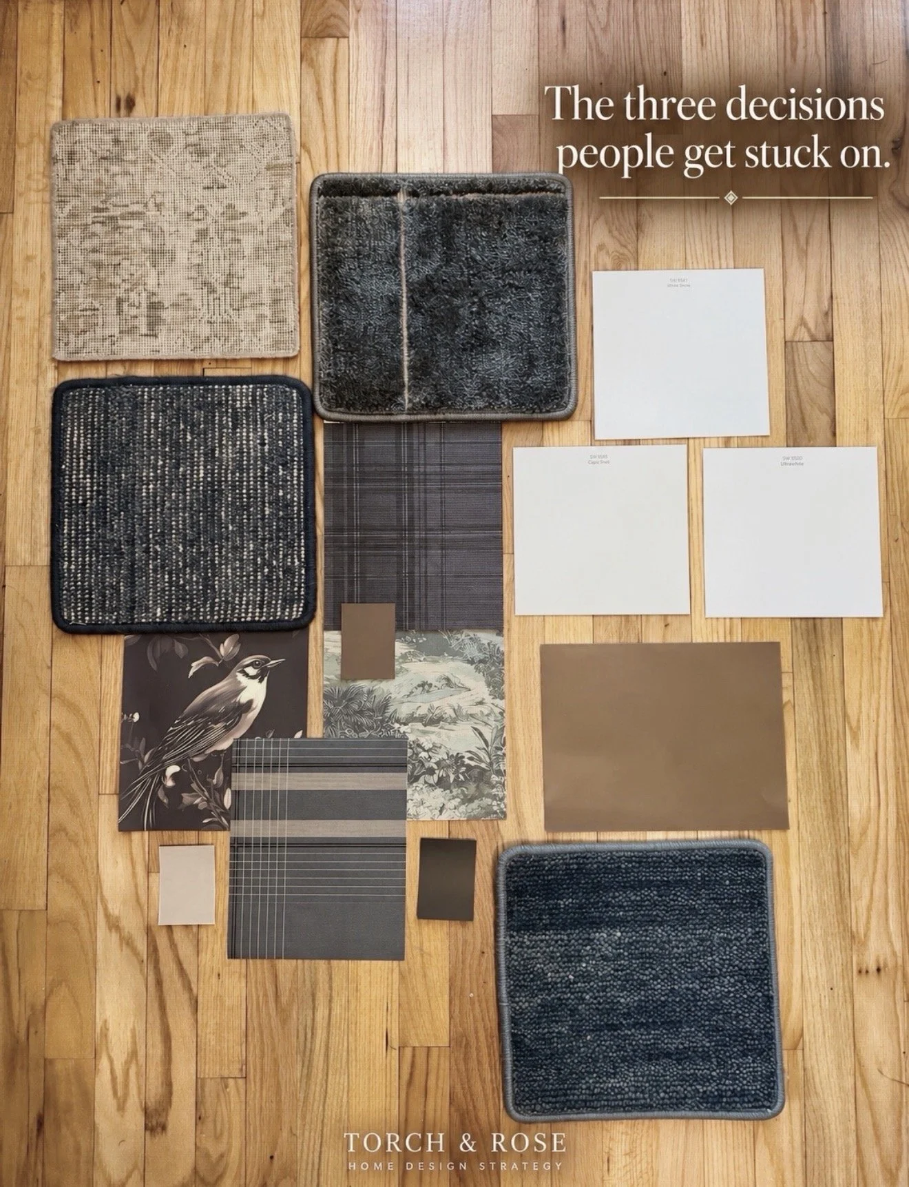 Rug, fabric, tile and wood samples laid out for a room design