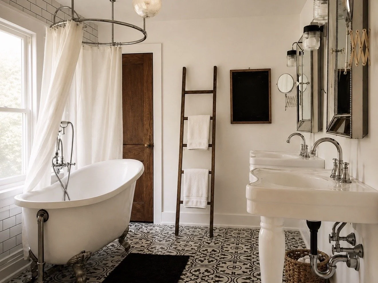 Bathroom with a clawfoot tub, patterned cement tile floor and double sink