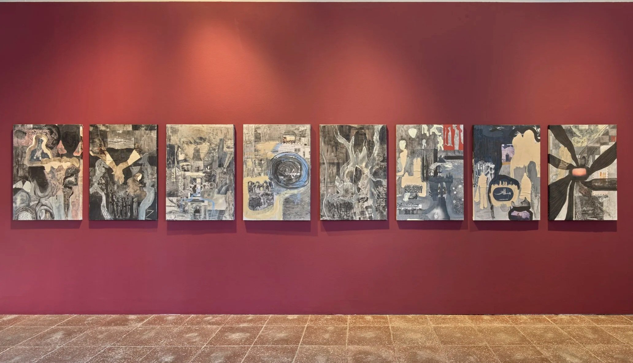 “ذاكرة”, mixed media on 8 wooden panels, each 100x70 cm, 2025 © eric tschernow