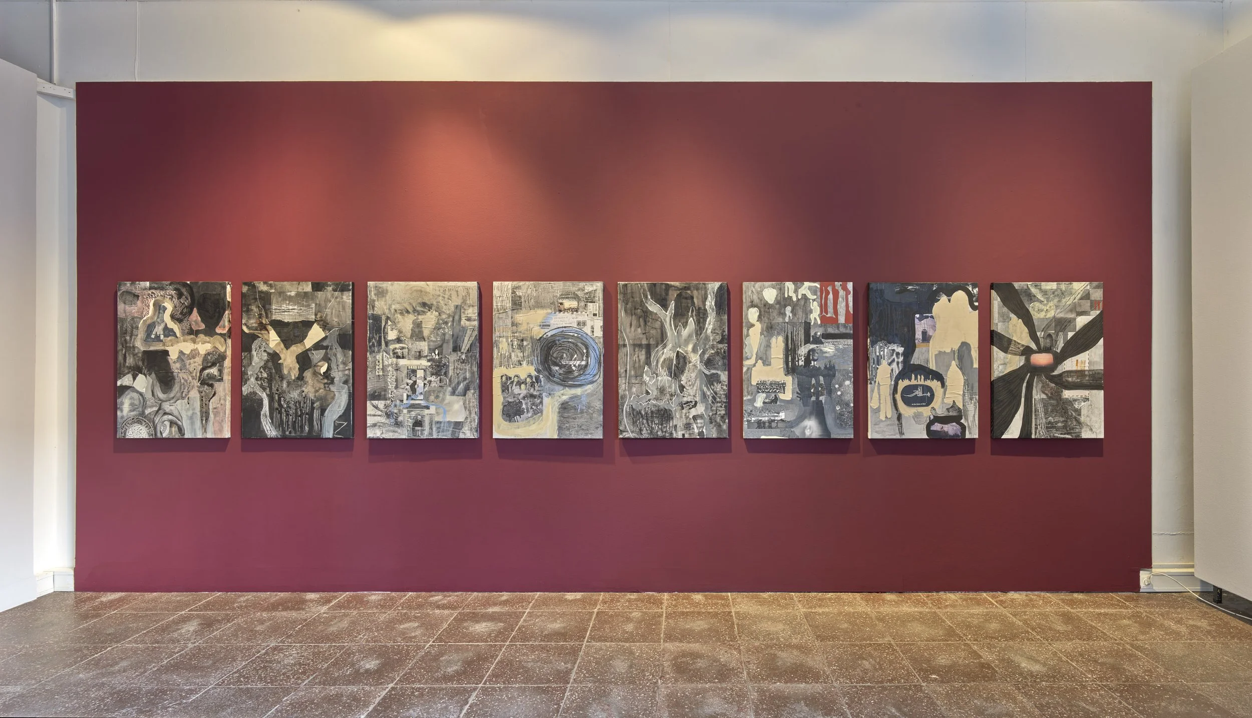 “ذاكرة”, mixed media on 8 wooden panels, each 100x70 cm, 2025 © eric tschernow