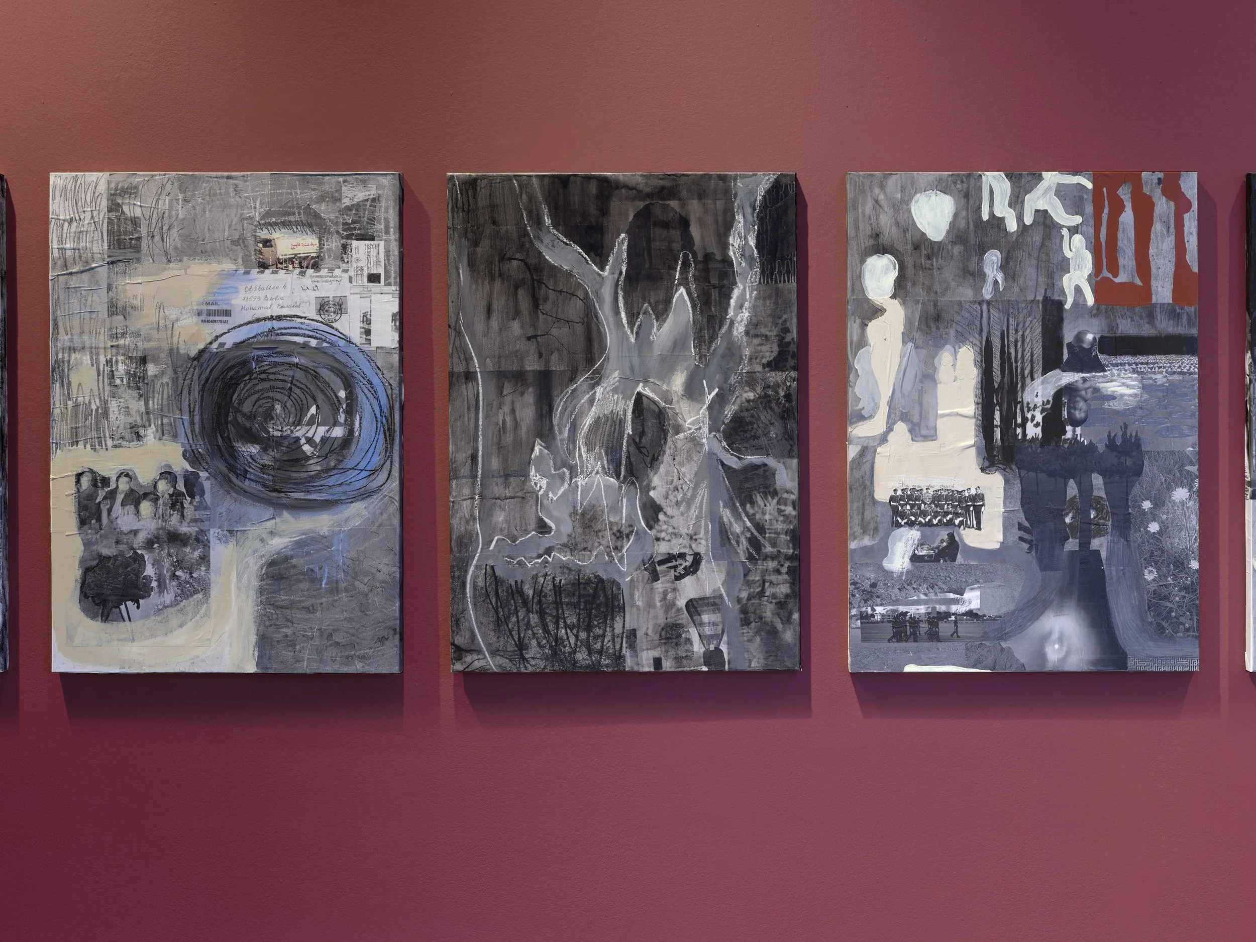 detail shot, “ذاكرة”, mixed media on 8 wooden panels, each 100x70 cm, 2025 © eric tschernow