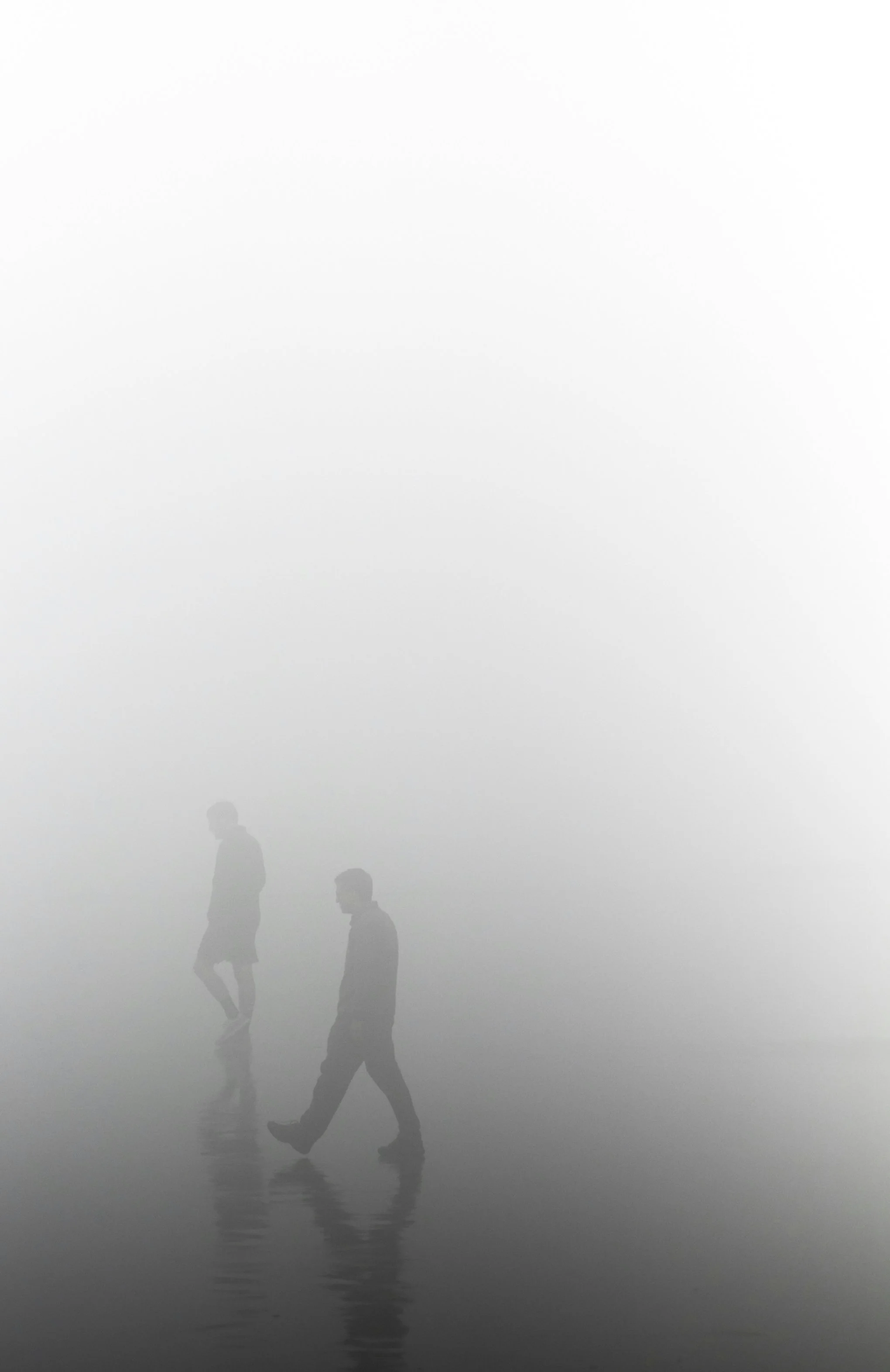 Silhouettes of two people walking in a foggy field.