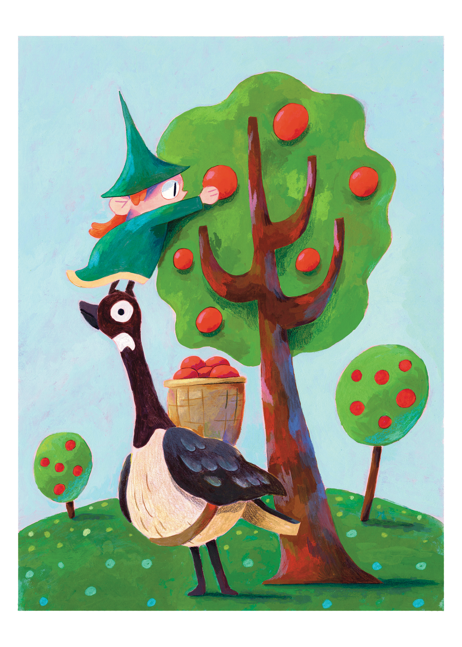 Girl and Goose go Apple Picking