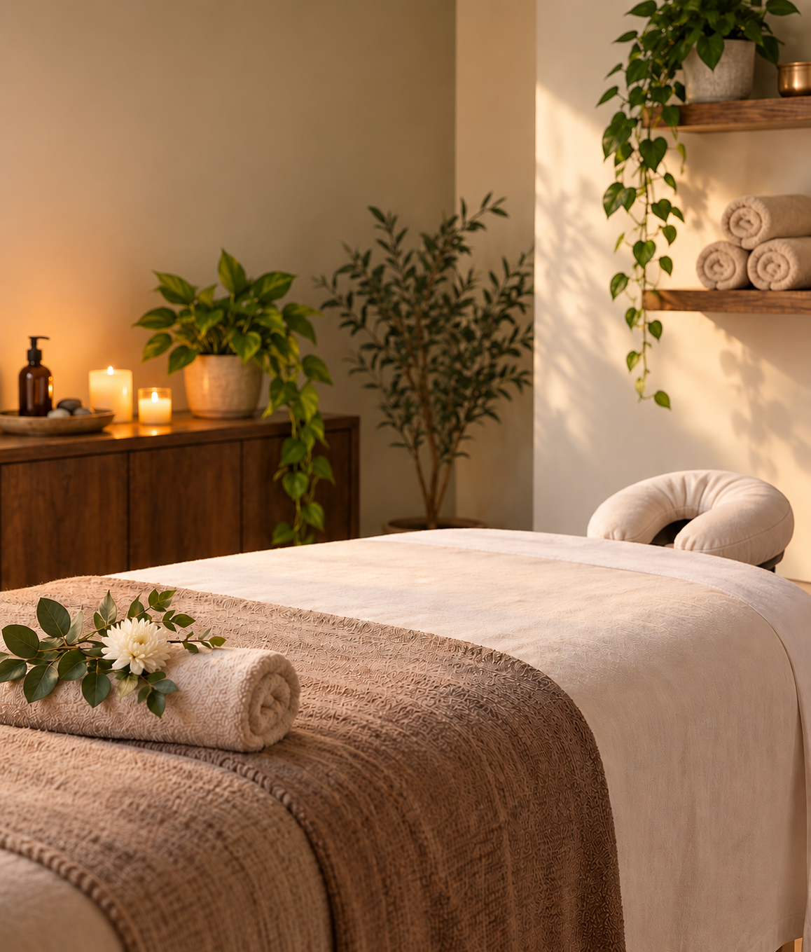 Relaxing massage therapy room with massage table, candles, plants, and towels in Litchfield, NH.