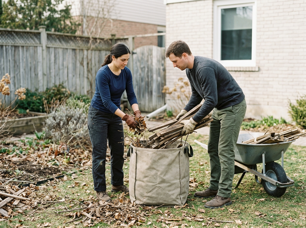 Two people cleaning up leaves and yard debris into a large bag in a backyard.