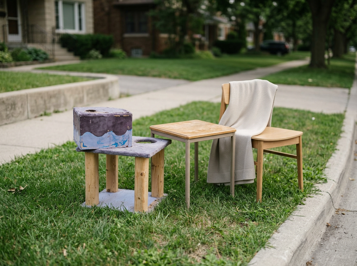 An art installation on a grassy sidewalk featuring a makeshift chair and table setup with a small wooden table, a wooden chair with a white blanket draped over it, and a painted wooden box on a tripod stand, in a residential neighborhood with houses and trees in the background.