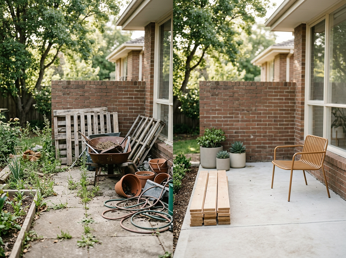 Comparison of a neglected garden area with weeds, scattered pots, and garden tools on the left, and a clean, minimalist patio with potted plants, wooden planks, and a chair on the right.