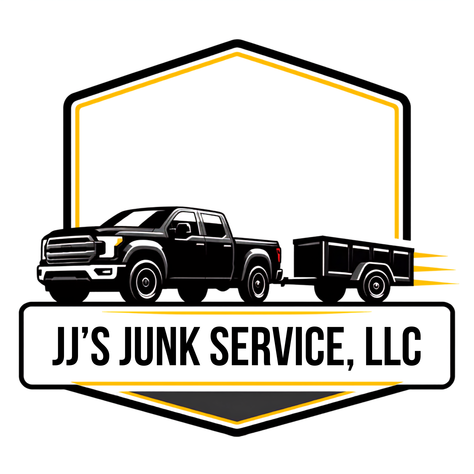 Junk removal service sign with a black pickup truck illustration on a white background.