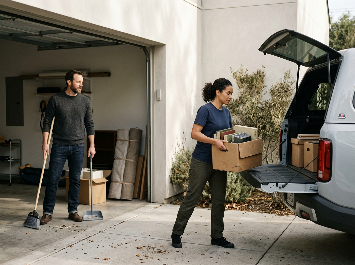 A woman loading books and boxes into the trunk of a white SUV parked outside a garage, with a man sweeping leaves outside the garage door.