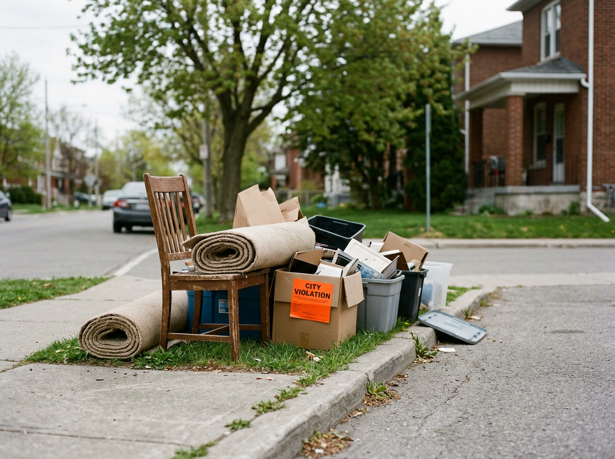 Items left on curb including rolled-up carpet, cardboard boxes, plastic bins, and a black crate in a residential neighborhood with trees and brick houses.