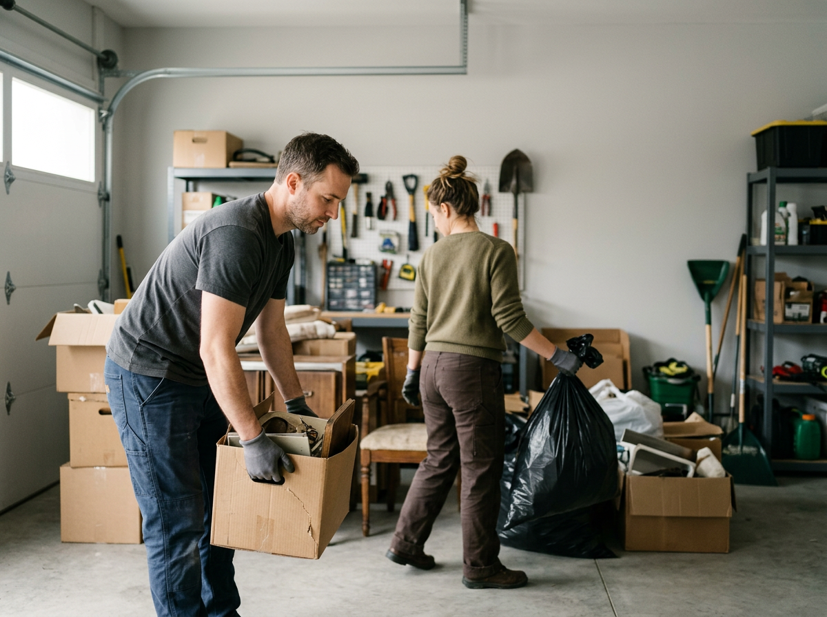 Two people working in a garage, packing or sorting items into boxes and trash bags, surrounded by various tools and storage shelves.