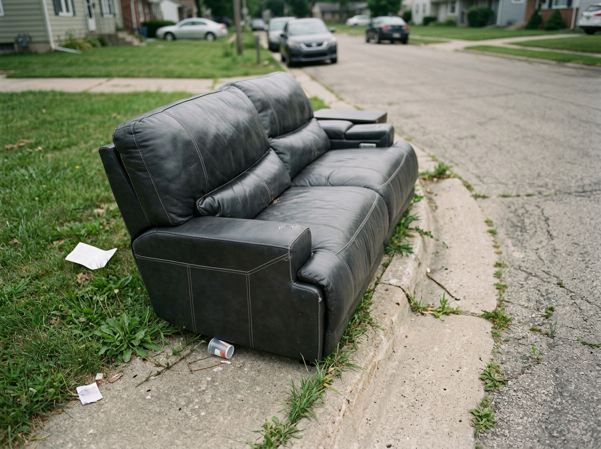 A black leather couch sitting on a grassy area and sidewalk beside a street in a neighborhood.
