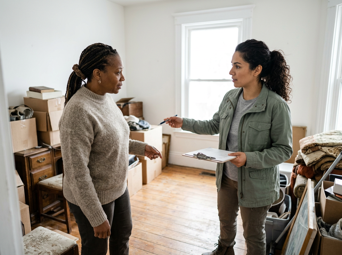 Two women having a conversation in a room with packed boxes, furniture, and clothing, possibly in a moving or storage setting.