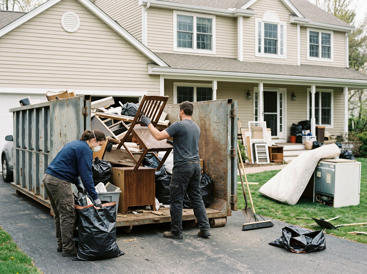 Two people wearing masks and gloves loading furniture and household items into a dumpster in the driveway of a suburban home during a cleanup or moving process.