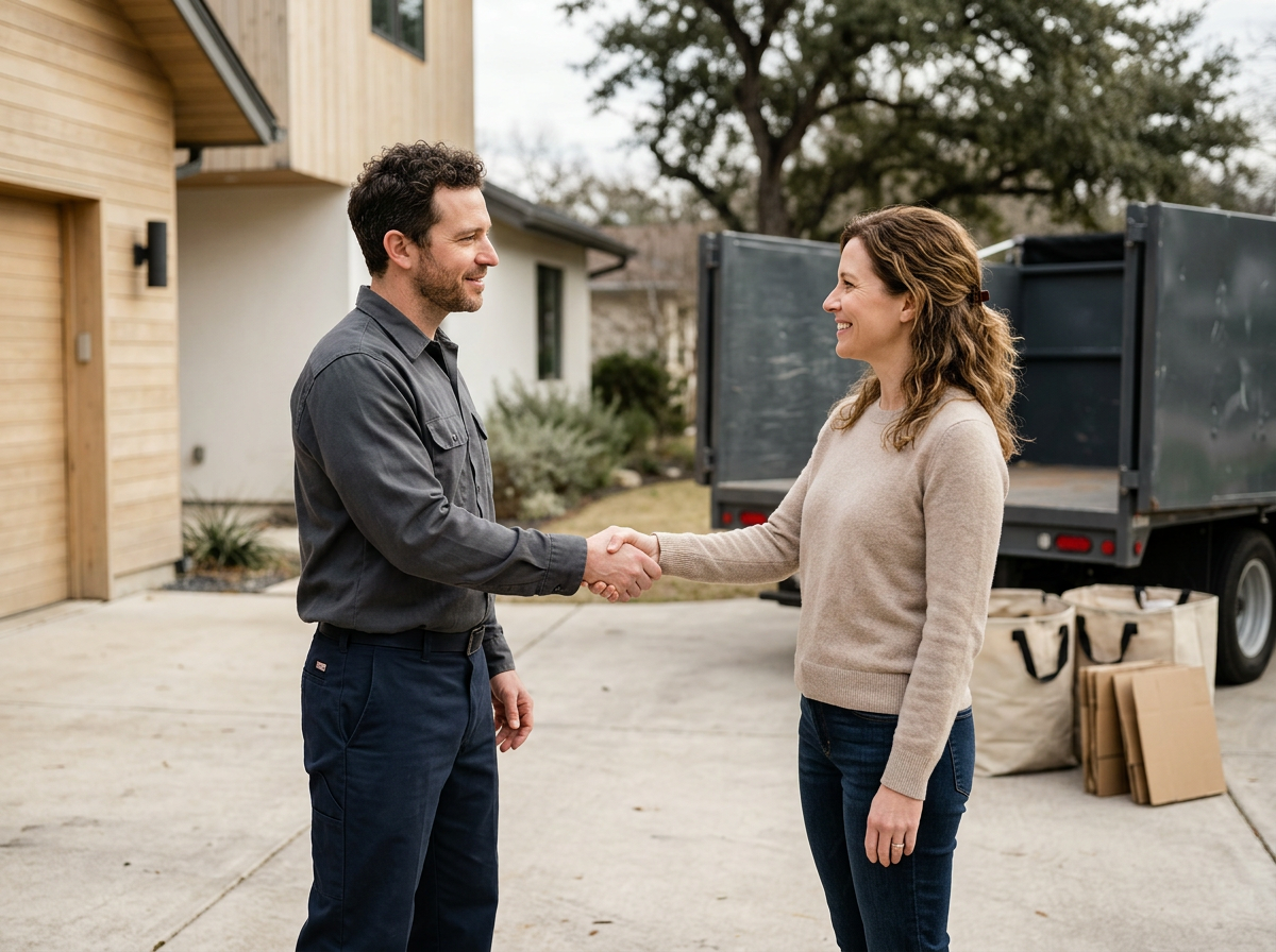 A man and a woman are shaking hands outside in a driveway near a moving truck, with boxes and bags nearby, exchanging a friendly greeting.
