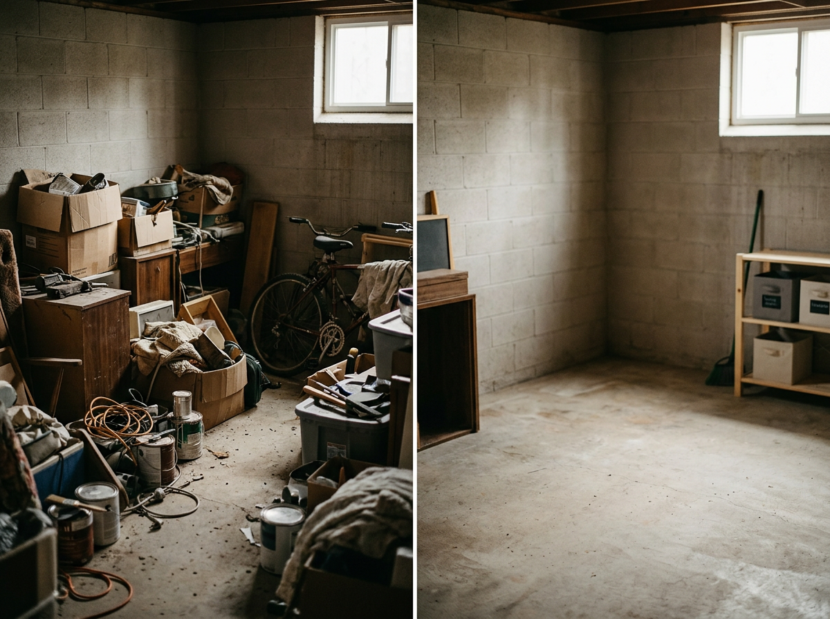 Comparison of a cluttered garage on the left and an empty garage on the right.