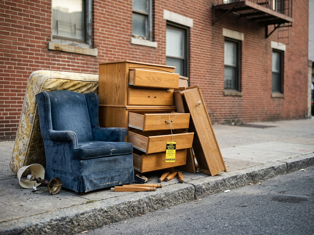 A pile of discarded furniture and household items on a sidewalk in front of a brick building. Items include an armchair, a mattress, a wooden dresser, and a lamp.