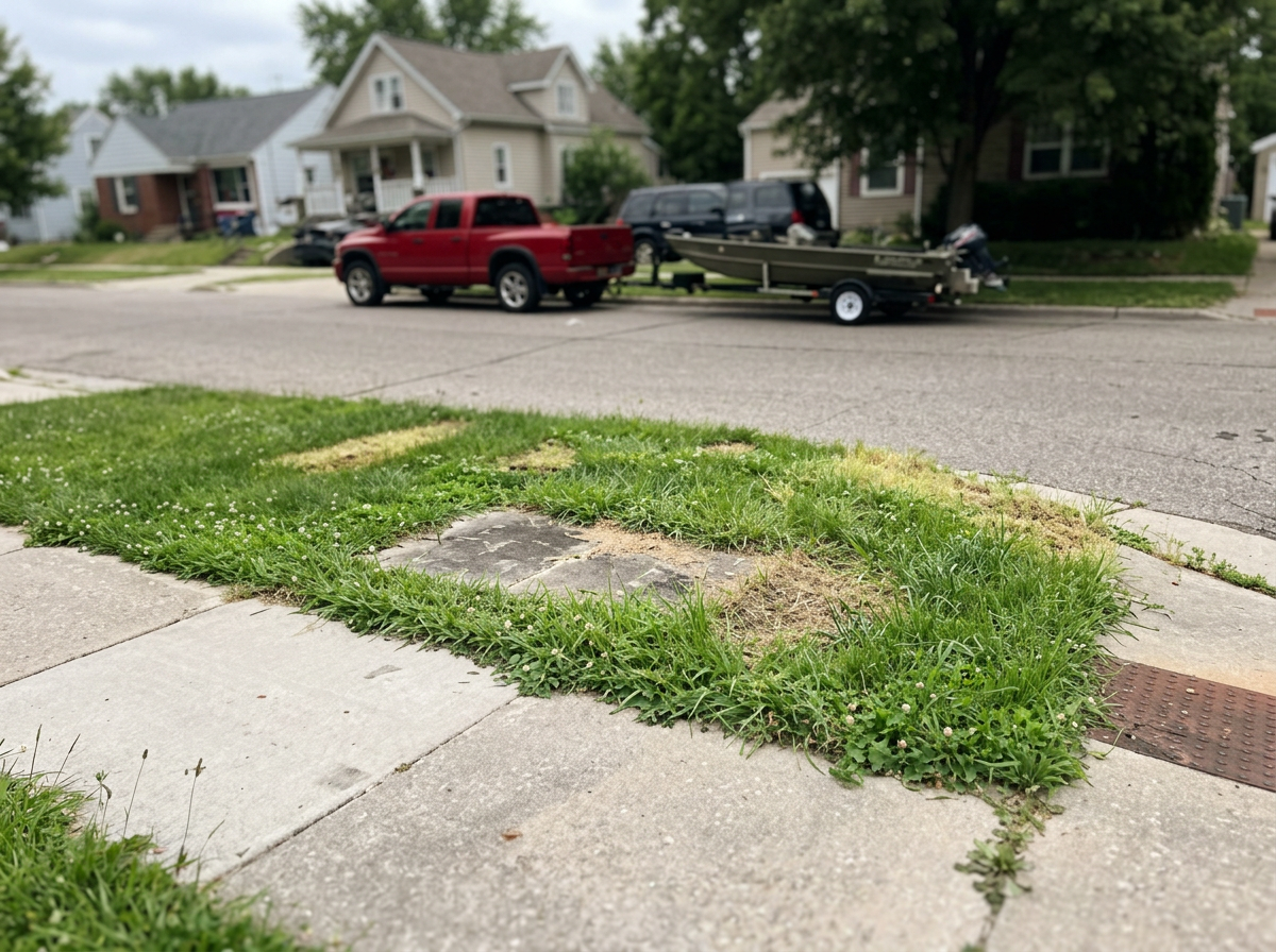 A patch of overgrown grass and weeds on a sidewalk in a residential neighborhood, with houses and a parked red truck towing a boat in the background.