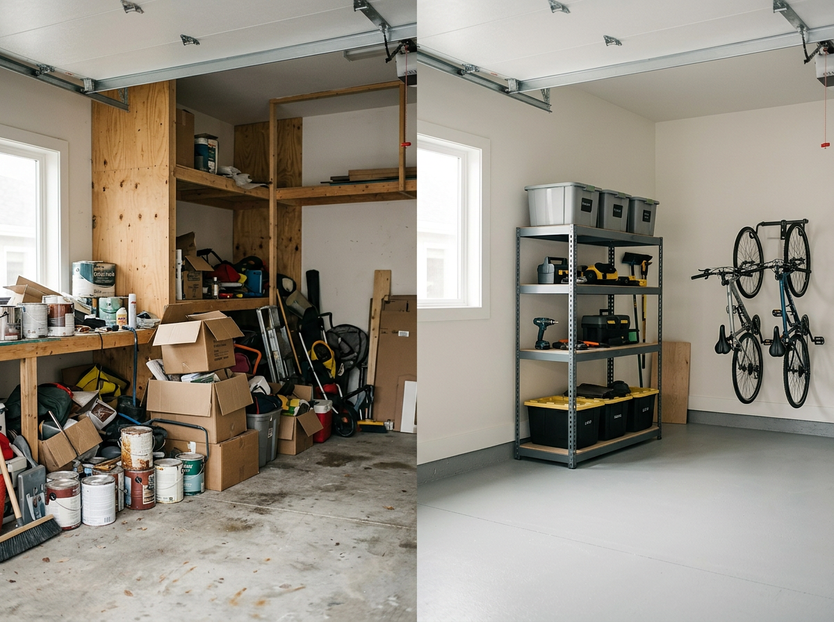 Comparison of a cluttered garage on the left and a clean, organized garage on the right.