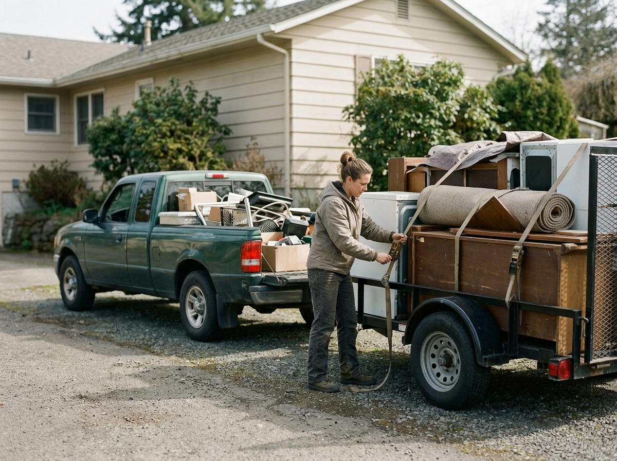 A woman loading or unloading a moving truck with household items, including furniture and boxes, parked outside a house.