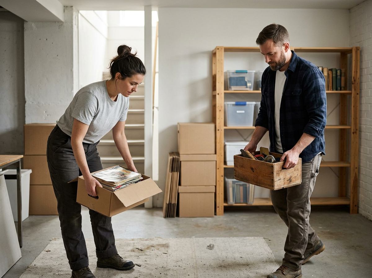 A woman and a man are moving boxes in a storage or office space. The woman is holding a cardboard box filled with papers or magazines, and the man is holding a wooden box containing tools.