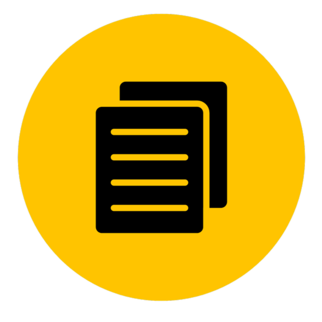 Icon of two documents with lines of text on a yellow circular background