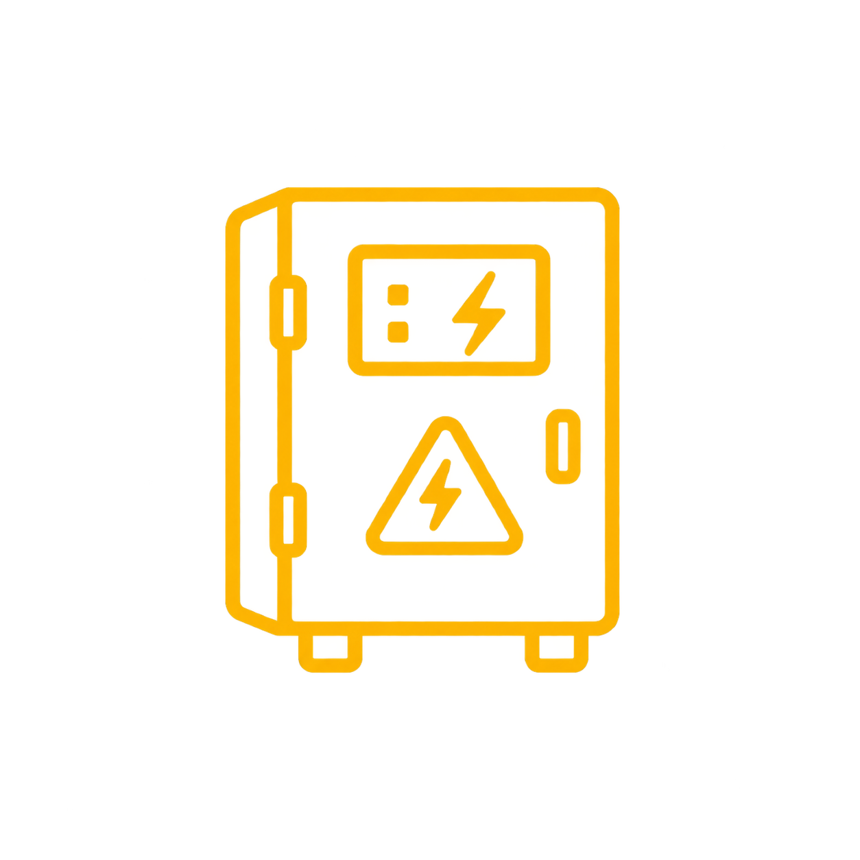 Yellow electrical warning box with lightning bolt symbols and electrical outlet icon.