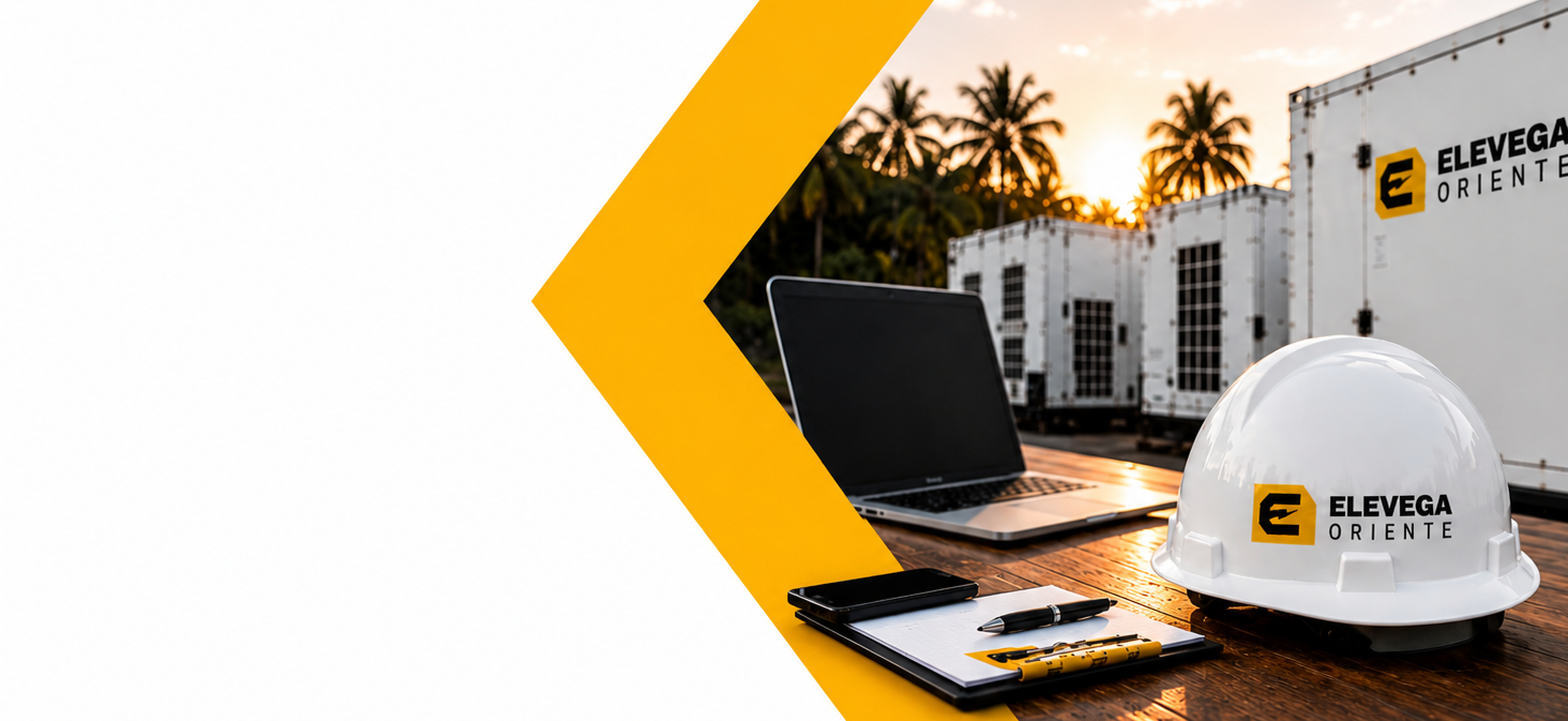 Construction site desk with a white safety helmet, laptop, clipboard, and pens, with a background of palm trees and shipping containers during sunset.
