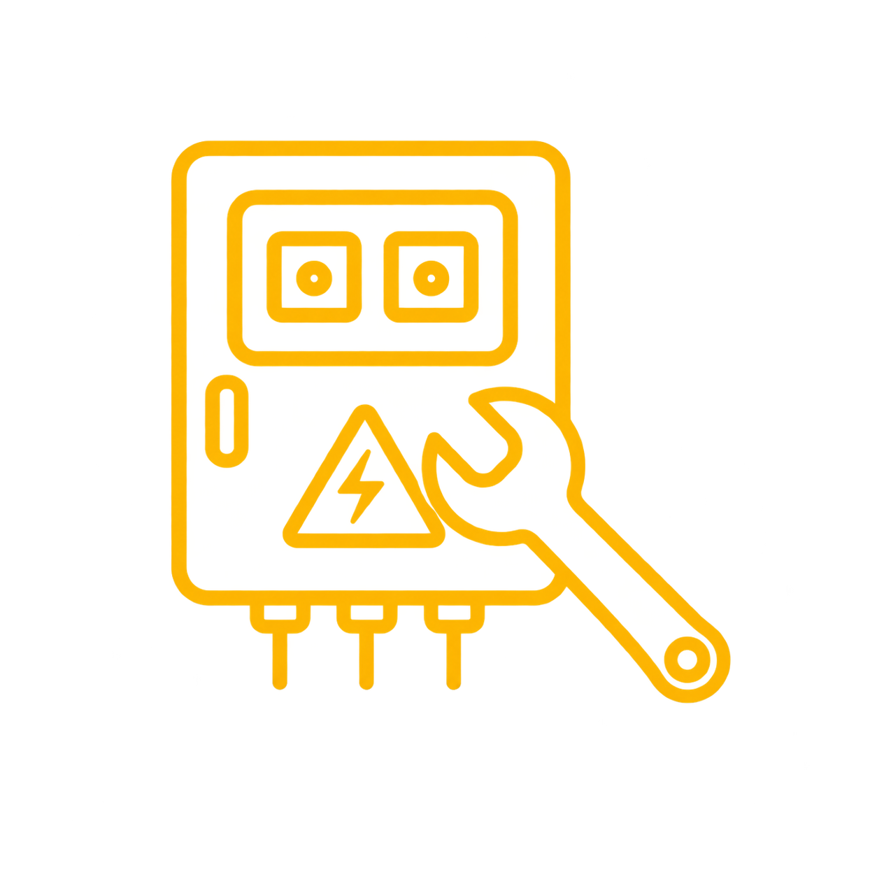 Line drawing of an electrical box with a warning symbol, a hand with a wrench pointing at the box, and a lightning bolt inside a triangle indicating electrical hazard.