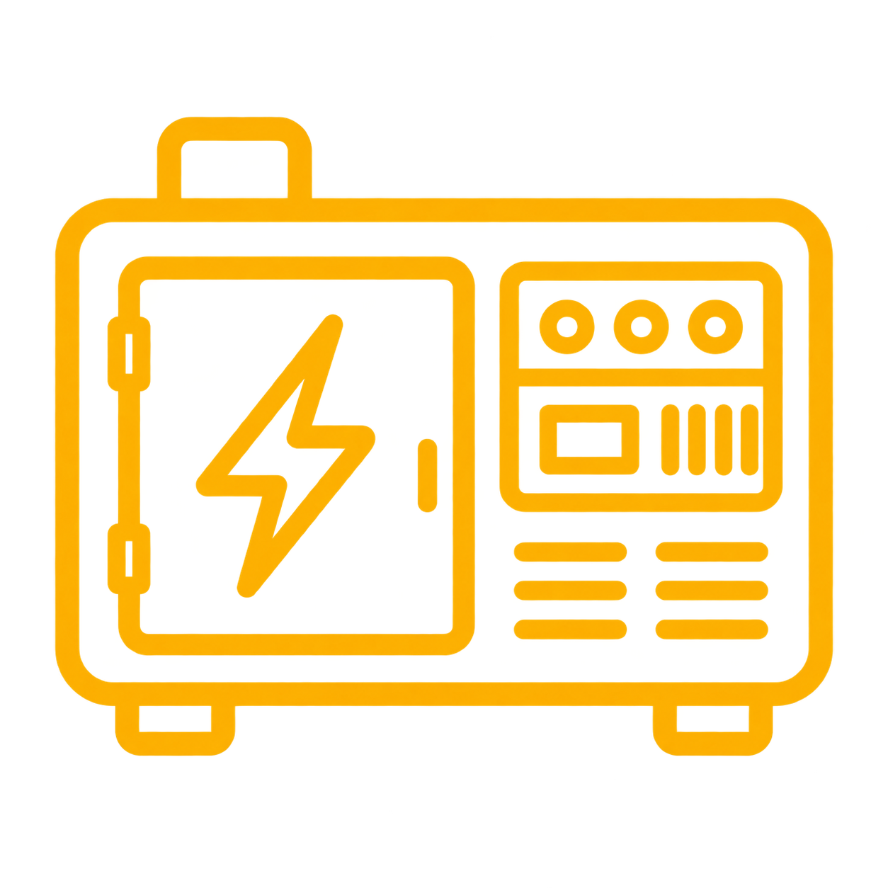 Outline of a portable power station or battery with a lightning bolt symbol and various control panels and outlets.