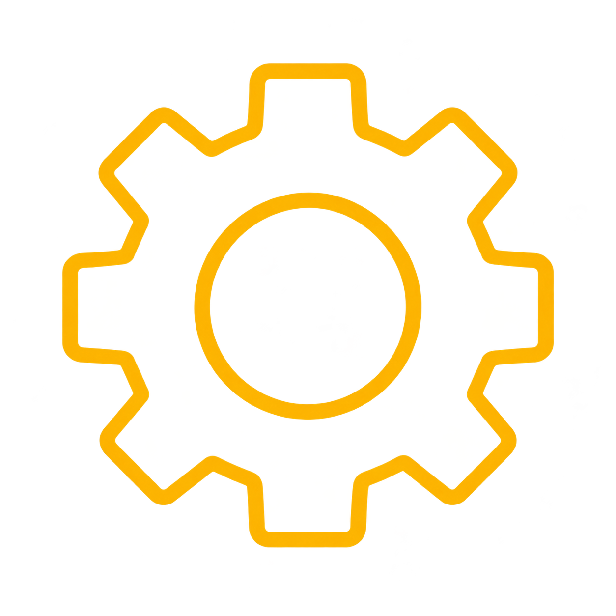 Neon yellow outline of a gear icon with a black center, glowing against a black background.