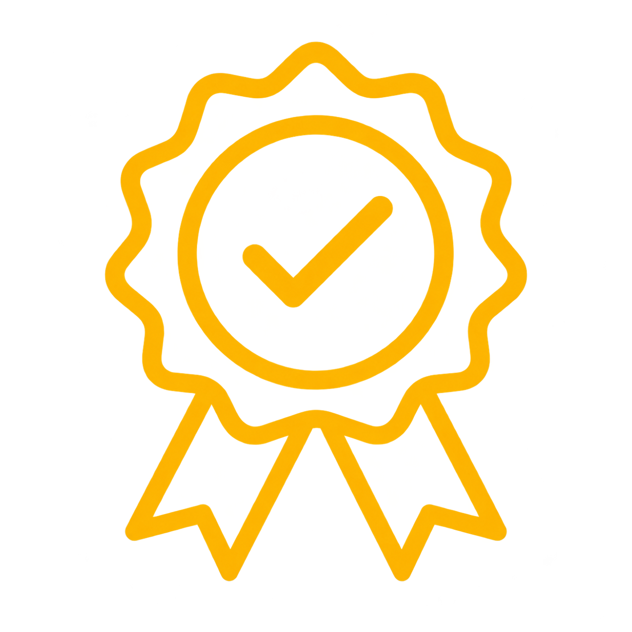 Neon yellow badge with a check mark inside a circle, surrounded by a wavy border, with ribbons hanging below.