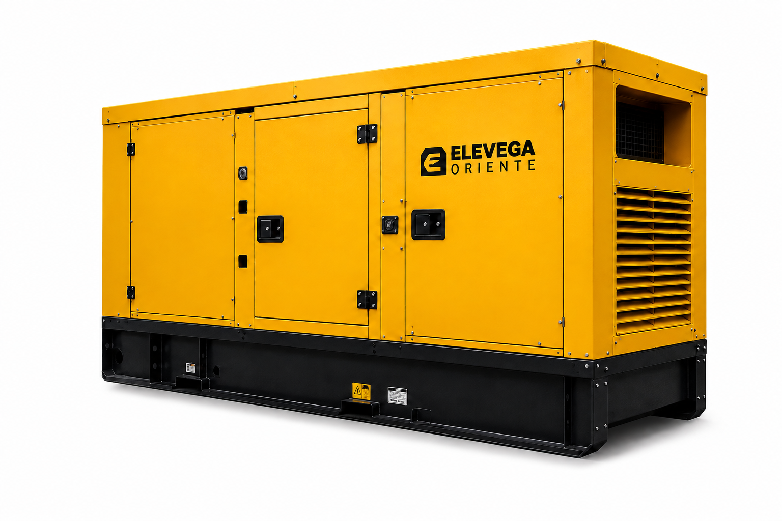 Yellow industrial generator with black base and side vents, labeled 'ELEVGA ORIENTE'. planta electrica de elevega oriente.