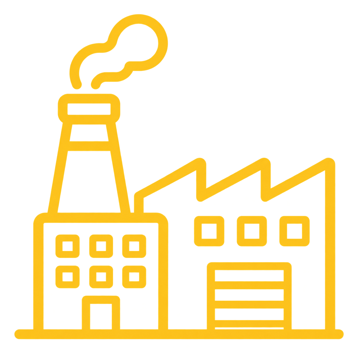 Yellow outline of a factory with a smokestack emitting smoke and a line graph.