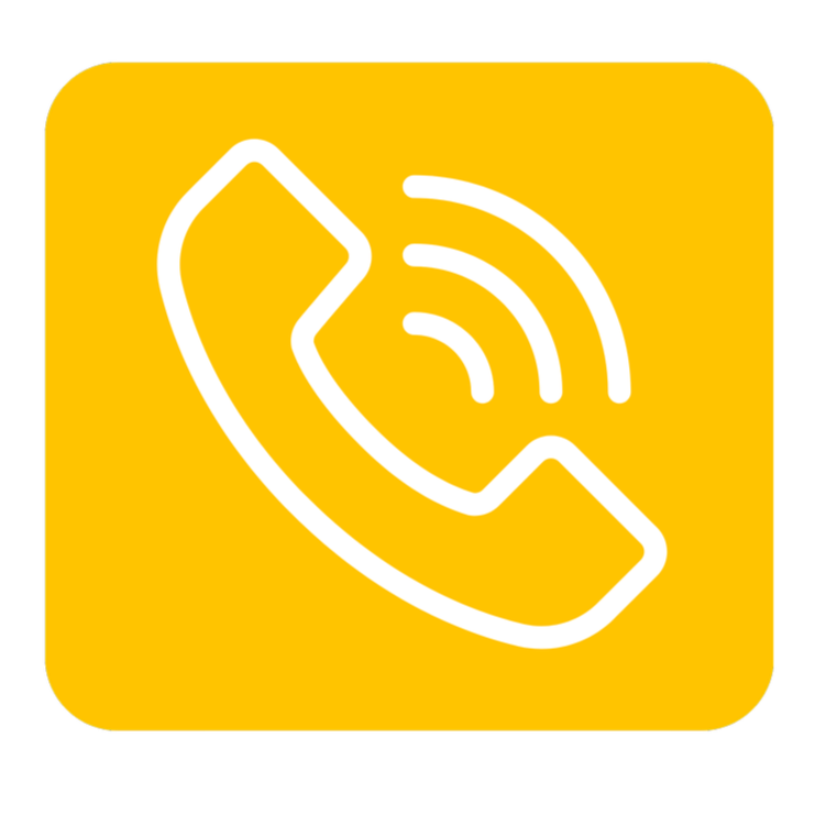 Yellow square icon with a white telephone receiver and sound waves indicating a phone call.