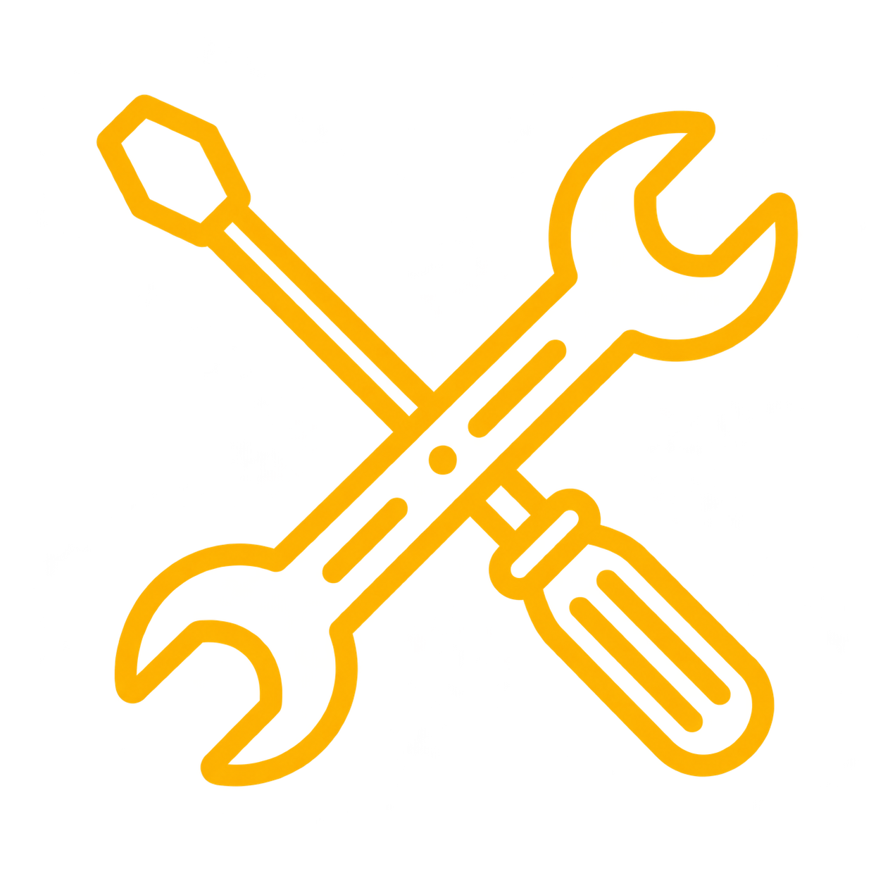 Yellow neon outline of a wrench and screwdriver crossed over each other on a black background.