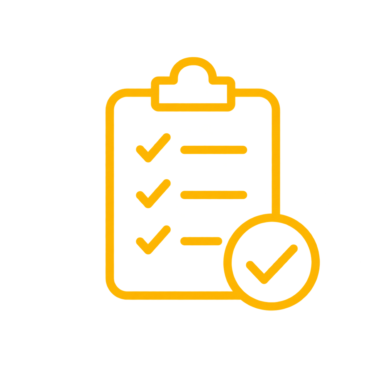 A digital graphic of a checklist on a clipboard with a magnifying glass focusing on a checkmark, in yellow and red colors.