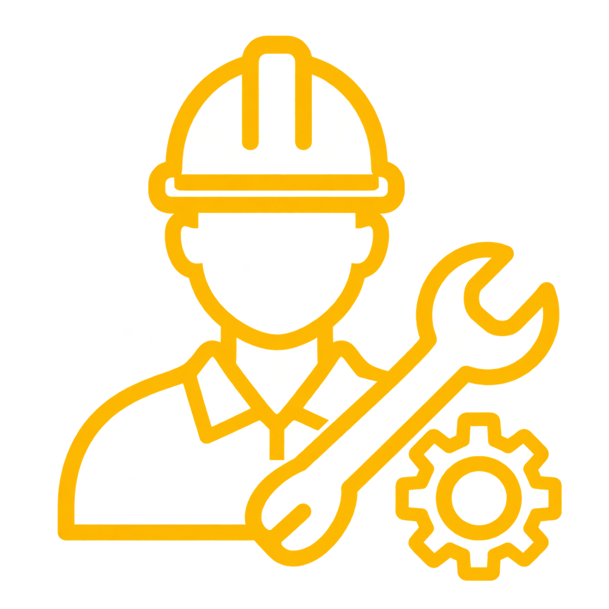 Outline of a construction worker holding a wrench with a gear symbol nearby, representing maintenance or repair work.