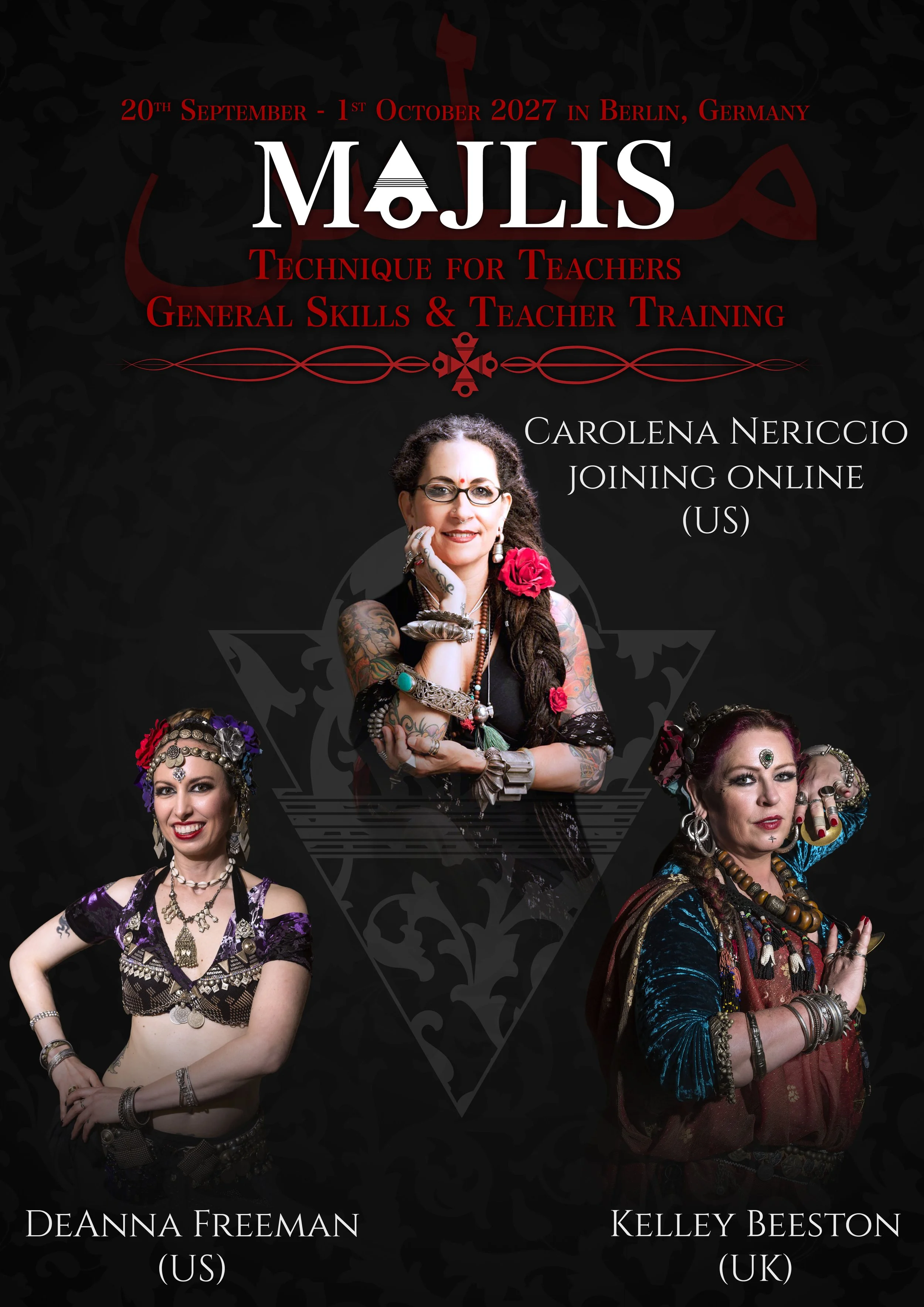 Promotional poster for MAJLS conference with the dates September 20 to October 1, 2027, in Berlin, Germany. Features portraits of four women in vibrant, bohemian or gypsy-inspired costumes with jewelry and tattoos, including Deanna Freeman from the US and Kelley Beeston from the UK, with conference details in red and white text on a black background.