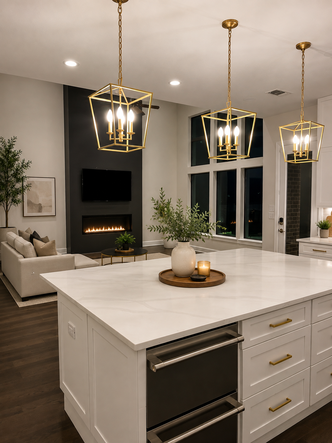 Luxury whole-home remodel in Dallas-Fort Worth featuring a custom kitchen, open-concept living area, modern fireplace, hardwood flooring, and premium finishes.