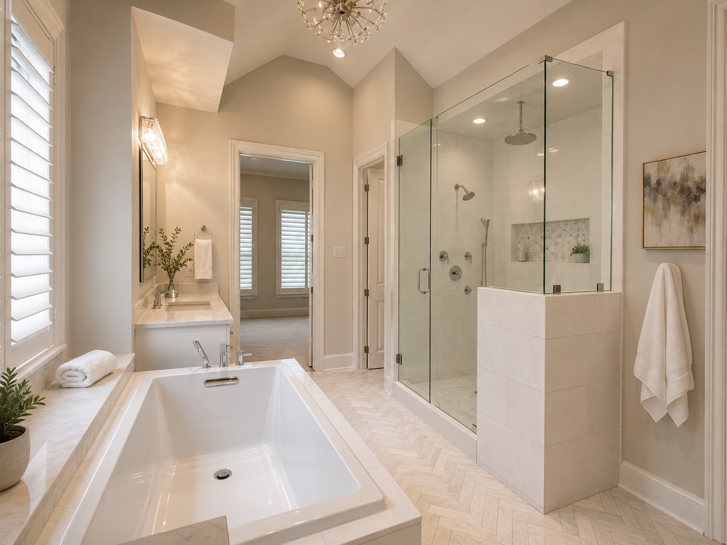 Bathroom remodeling project in Frisco, TX featuring a soaking tub, glass-enclosed shower and custom tile.