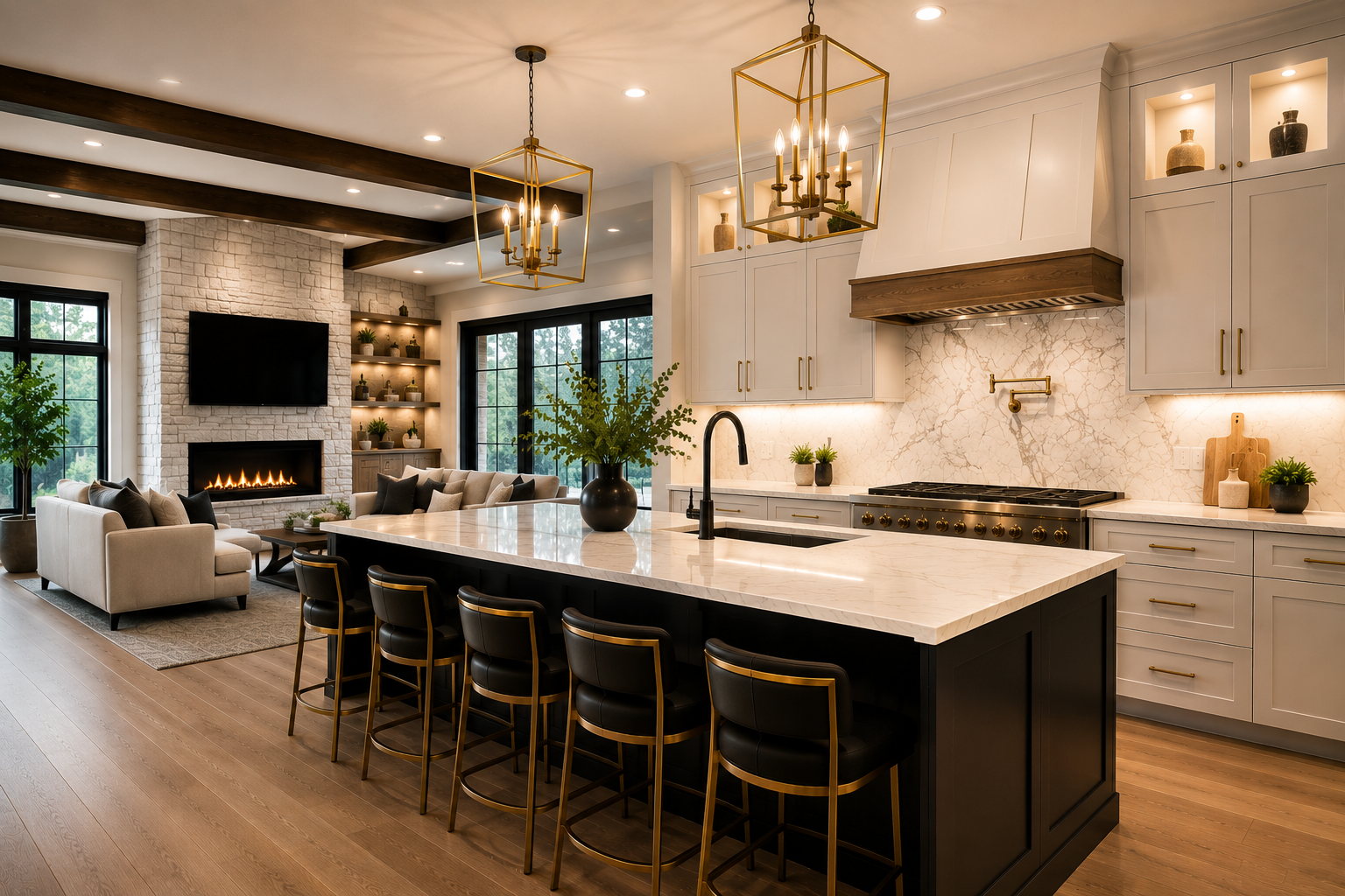 Luxury kitchen and living room remodel with custom cabinetry, marble countertops, wood flooring, and modern finishes in Dallas-Fort Worth.